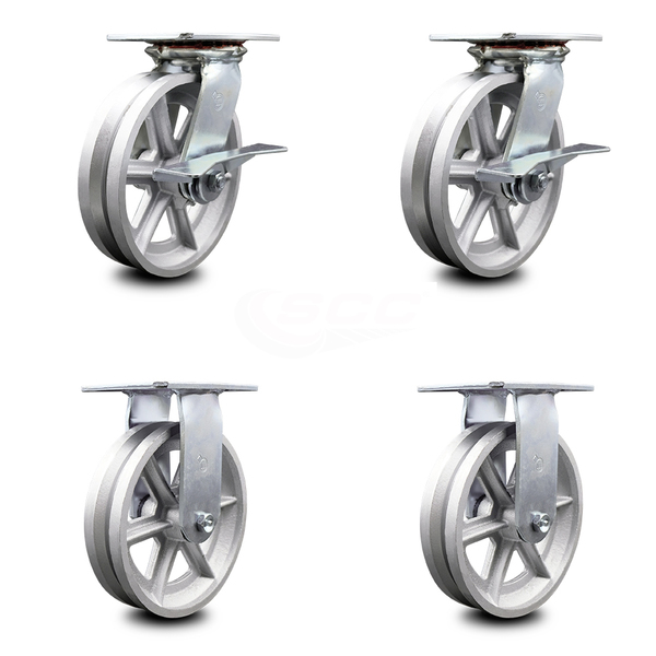 Service Caster 8 Inch V Groove Semi Steel Caster Set with Roller Bearing 2 Brakes and 2 Rigid SCC-35S820-VGR-SLB-2-R-2